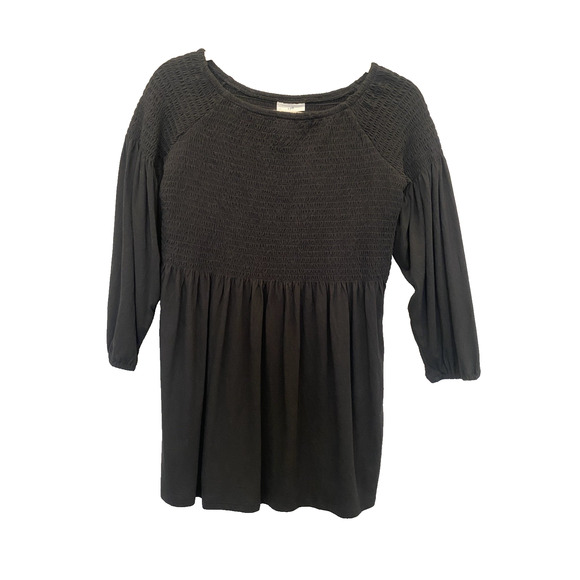 J Jill Womens XS Shirt Dress Black Smocked Raglan Peasant Sleeve Boho Tunic Top - Picture 2 of 8